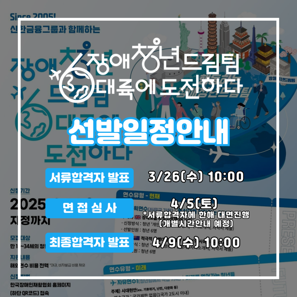 장애청년드림팀 6대륙에 도전하다 선발일정안내 서류합격자 발표 : 3/26(수) 10:00 면접심사 : 4/5(토) *서류합격자에 한해 대면진행(개별시간안내 예정) 최종합격자 발표 : 4/9(수) 10:00