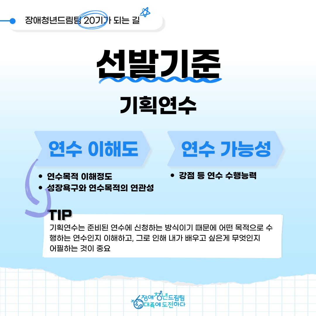 기획연수 연수이해도 1. 연수목적 이해정도 2. 성장욕구와 연수목적의 연관성 연수가능성 1. 강점 등 연수수행능력 팁! 기획연수는 준비된 연수에 신청하는 방식이기 때문에 어떤 목적으로 수행하는 연수인지 이해하고 그로인해 내가 배우고 싶은게 무엇인지 어필