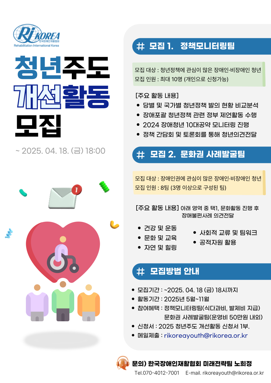 [설명시작] 제목 청년주도개선활동모집 내용 모집1. 정책모니터링팀, 모집대상:청년정책에 관심이 많은 장애인 비장애인 청년, 모집인원 : 최대 10명(개인으로 신청가능), 주요활동: 당별 및 국가별 청년정책 발의 현황 비교분석, 장애포괄 청년정책 관련 정부 제언활동 수행, 2024 장애청년 10대공약 모니터링 진행, 정책 간담회 및 토론회를 통해 청년의견전달, 모집2. 문화권 사례발굴팀, 모집대상:장애인인권에 관심이 많은 장애인 비장애인 청년, 모집인원: 8팀(3인 이상으로 구성된 팀), 주요활동 : 아래 영역 중 택1, 문화활동 진행 후 장애불편사례 의견전달, 건강 및 운동, 문화 및 교육, 자연 및 힐링, 사회적 교류 및 팀워크, 공적자원 활용, 모집방법 안내 : 모집기간은 25년 4월 18일 금요일 18시까지, 활동기간은 25년 5월~11월, 참여혜택은 정책모니터링팀(식다과비, 발제비 지급), 문화권 사례발굴팀(운영비 50만원 내외), 신청서: 2025 청년주도 개선활동 신청서 1부 제출필요, 메일제출 rikoreayouth@rikorea.or.kr, 문의 한국장애인재활협회 미래전략팀 노희정 tel.070-4012-7001, e-mail.rikoreayouth@rikorea.or.kr [설명끝]