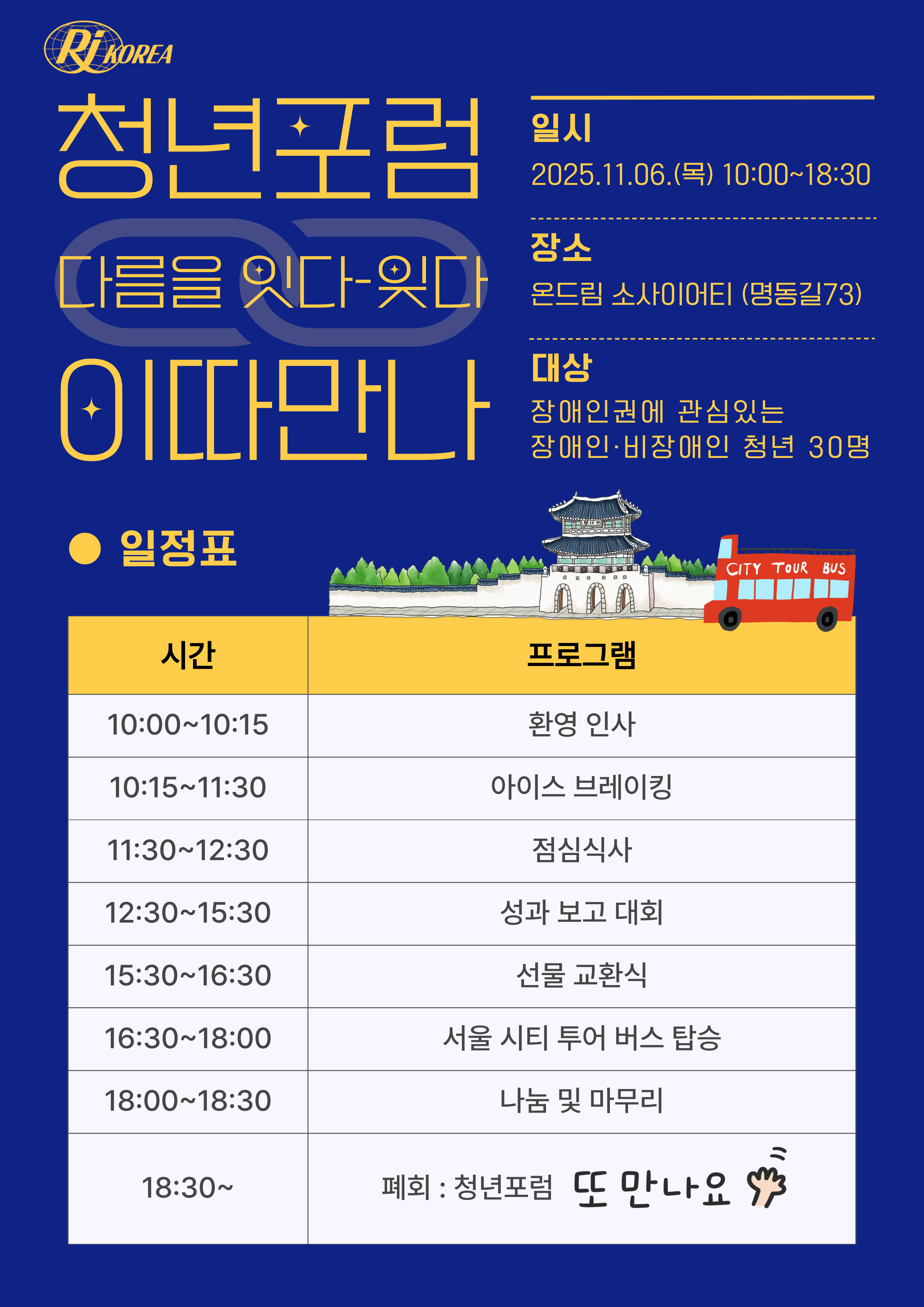 *일정표 -10:00~10:15 환영인사 -10:15~11:30 아이스 브레이킹 -11:30~12:30 점심식사 -12:30~15:30 성과 보고 대회 -15:30~16:30 선물 교환식 -16:30~18:00 서울 시티 투어 버스 탑승 -18:00~18:30 나눔 및 마무리 -18:30~ 폐회: 청년포럼 또 만나요