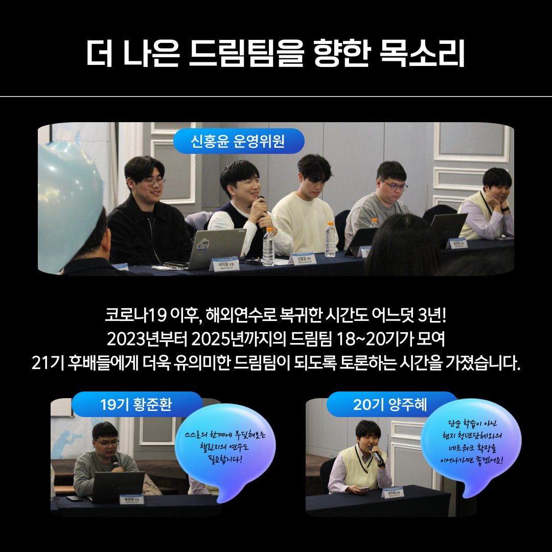 운영위원 신홍윤과 여러 기수의 단원들이 패널토론 형식으로 앉아 발언하는 모습의 사진.<br />
19기 황준환, 20기 양주혜 단원이 각각 말풍선 형태로 의견을 전하고 있으며, 하단에는 코로나 이후 해외연수 재개와 드림팀 발전 방향을 위해 의견을 나눴다는 설명 문구가 있다.<br />
