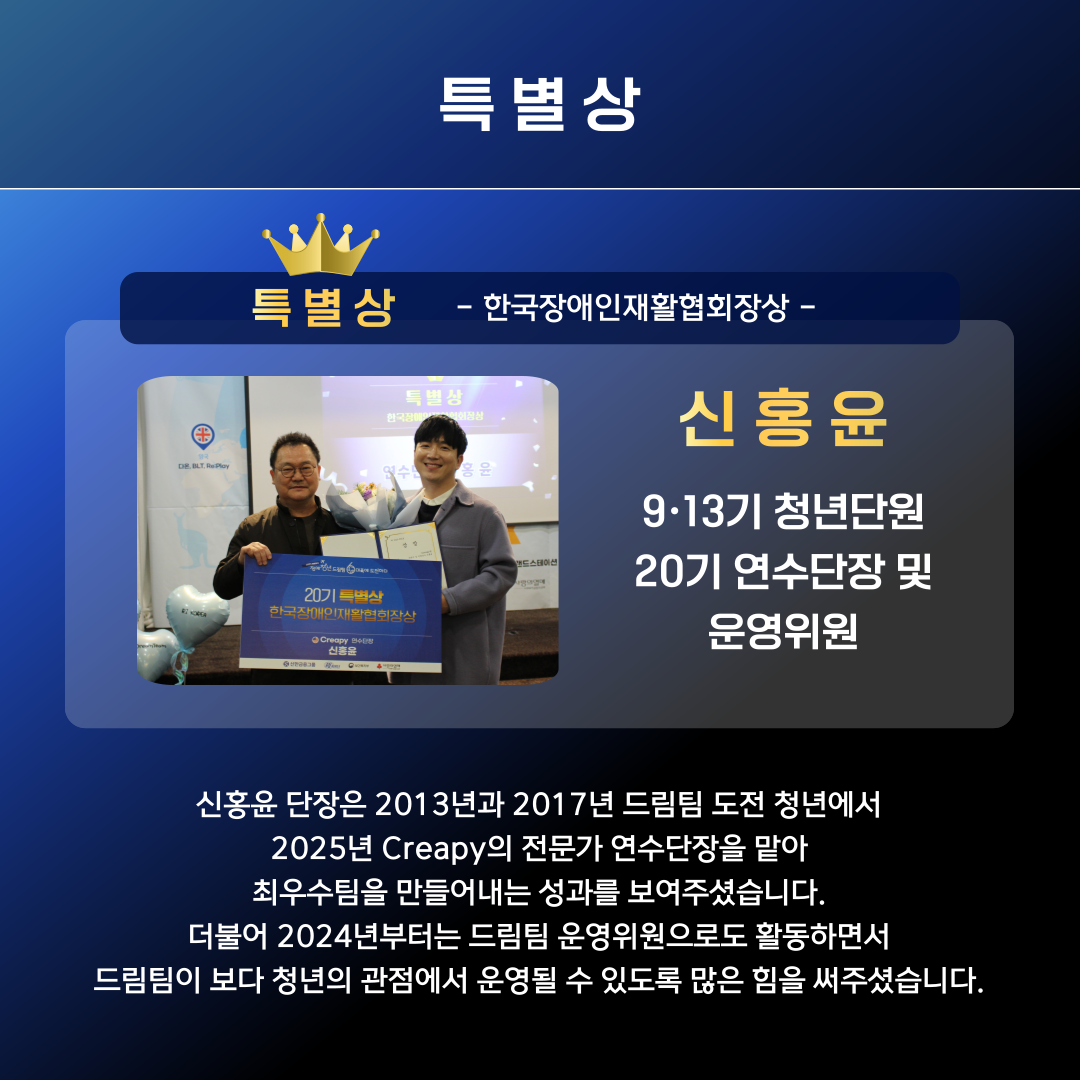 신홍윤 운영위원이 특별상을 수상하는 사진. 왼쪽에는 시상자가 함께 서 있으며, 신홍윤은 상장과 꽃다발을 들고 있다.<br />
텍스트에는 9·13기 출신이자 20기 연수단장 및 운영위원으로 활동하며 공로를 인정받았다는 설명이 적혀 있다.