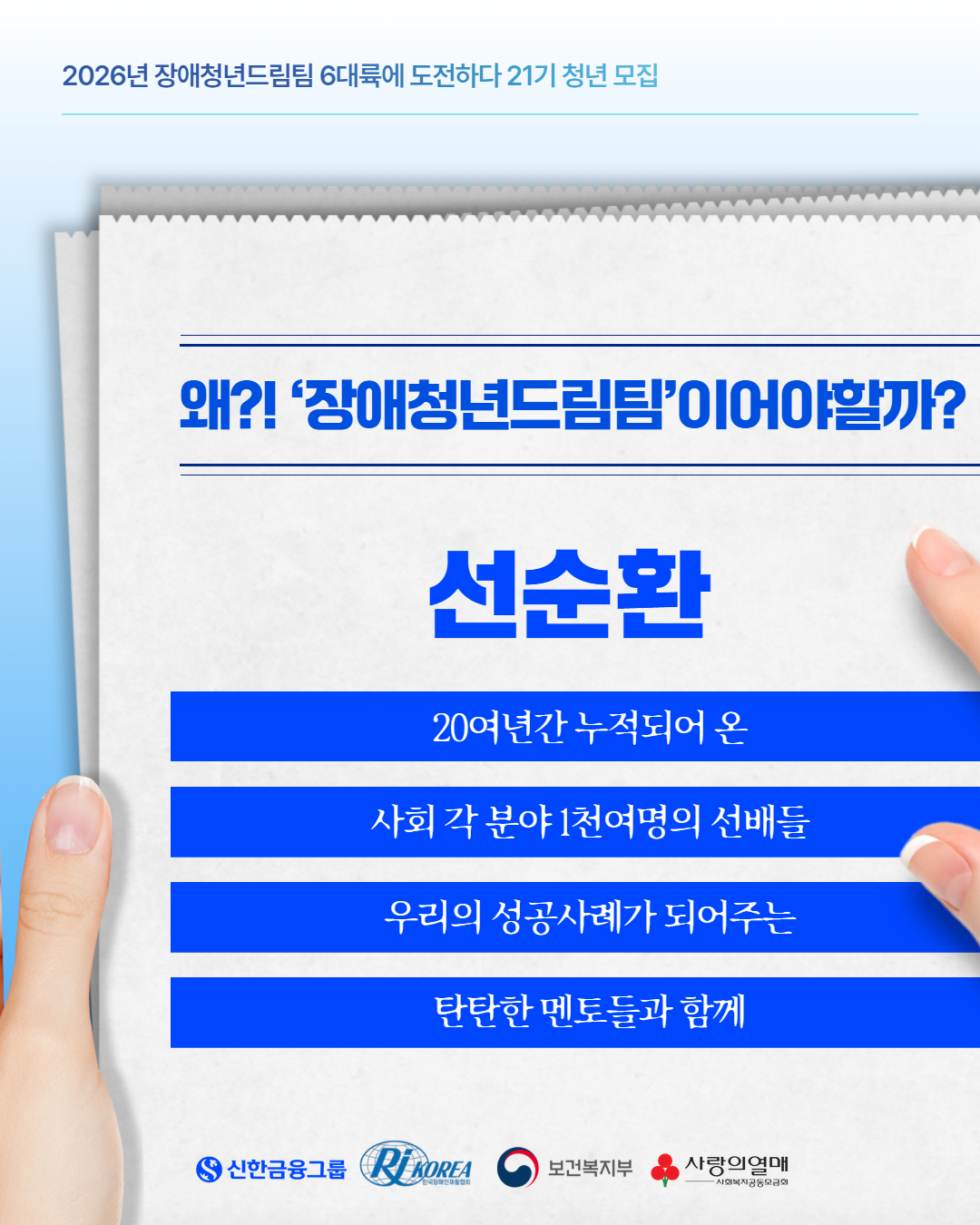 왜?! ‘장애청년드림팀’이어야할까?  ‘선순환’ 20여년간 누적되어 온 사회 각 분야 1천여명의 선배들, 우리의 성공사례가 되어주는 탄탄한 멘토들과 함께