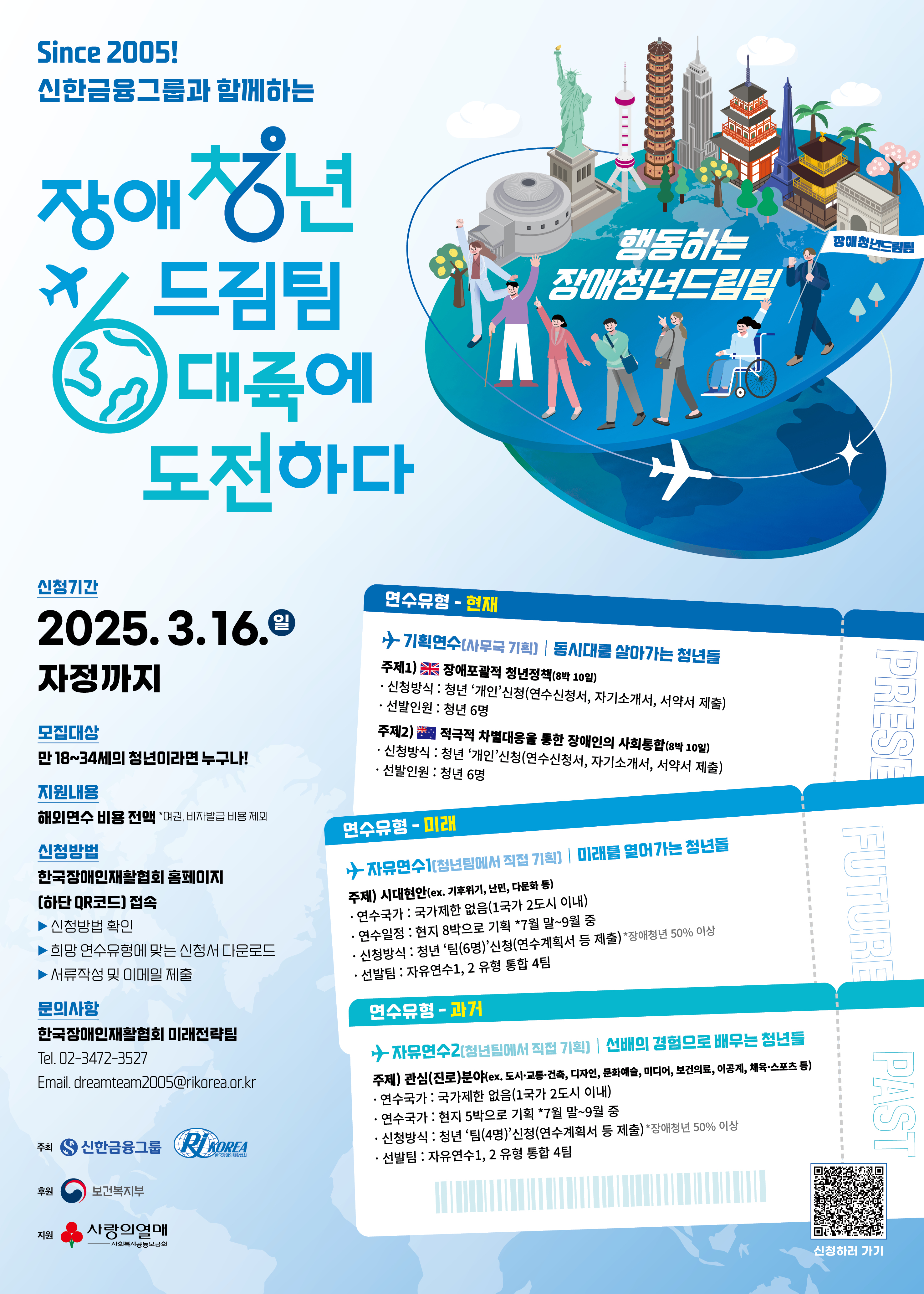 2025년 장애청년드림팀 20기 모집홍보 포스터이다. 적힌 내용은 다음과 같다. Since 2005! 신한금융그룹과 함께하는 장애청년드림팀 6대륙에 도전하다 신청기간 25년 3월 16일(일) 자정까지 모집대상 만 18~34세의 청년이라면 누구나! 지원내용 해외연수비용 전액(단, 여권 및 비자발급 비용의 경우 제외) 신청방법 한국장애인재활협회 홈페이지 접속(포스터 우측하단 큐알코드) 신청방법 확인, 연수유형에 맞는 신청서 다운로드, 장애청년드림팀 이메일 제출, 문의사항 한국장애인재활협회 미래전략팀